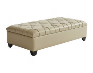 Tufted beige leather storage ottoman with dark tapered legs isolated on a transparent background