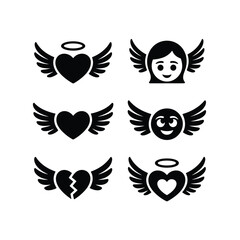 Collection of six stylized black and white icons featuring hearts and faces with wings