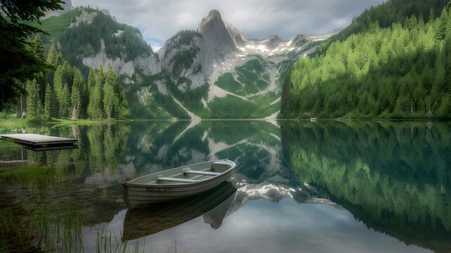 Serene alpine lake reflects majestic jagged peaks and lush green forests with a solitary rowboat resting on the calm water