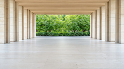 Fototapeta premium Open corridor limestone colonnade minimal architecture framed greenery serene