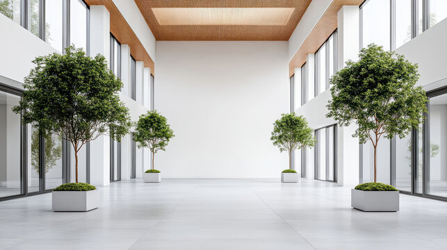 Minimalist bright atrium with potted ficus trees and wood ceiling creating calm modern mood - Powered by Adobe