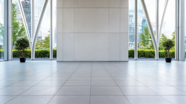 Spacious modern lobby with large windows and minimalist tile floor, calm bright atmosphere