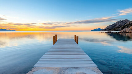 Obraz premium Dock calm lake sunset symmetry soothing horizon