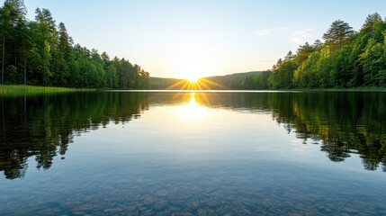 Obraz premium Glass lake sunset reflection forest calm horizon soothing light