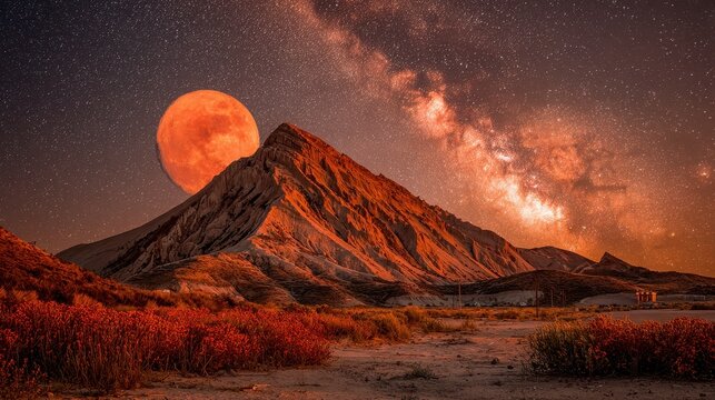 Dramatic Mountain Landscape Under a Night Sky with a Full Moon and Milky Way Galaxy