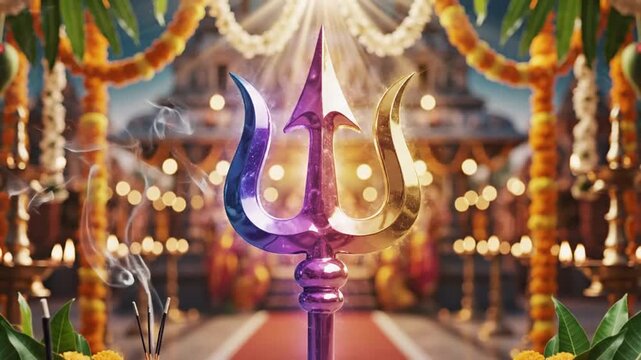 Thai Poosam, glowing vel spear symbol in glossy, devotional Tamil festival vibe.