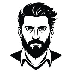 Bearded man wearing suit illustration shows confident face in simple black and white