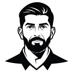 Clean monochrome shows a serious bearded man wearing a stylish suit looking forward