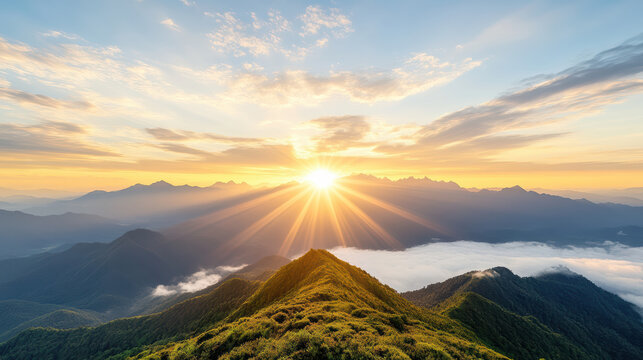 Glowing sunrise mountain ridge warm mist golden light panoramic view sunrise over mountain ridge