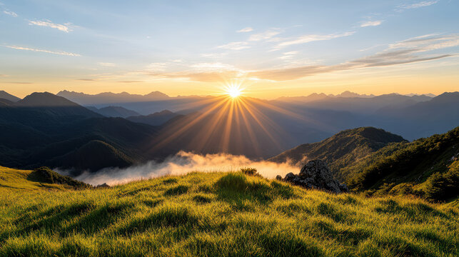 Golden sunrise mountain ridge mist meadow warm light calm