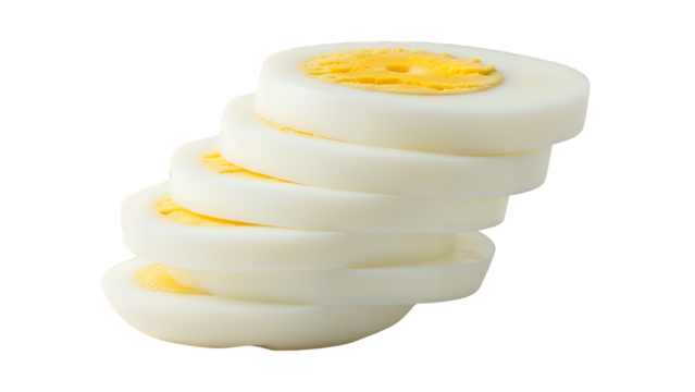 Cleanly sliced hard-boiled egg pieces, revealing the firm white and bright yellow yolk, perfectly arranged for culinary presentations or healthy eating, isolated on transparent background