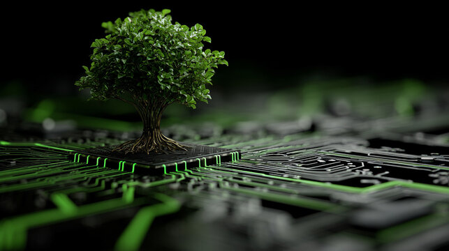 Futuristic tree growing from a circuit board, symbolizing technology, innovation, and digital growth, ideal for AI, electronics, and high-tech concept visuals.