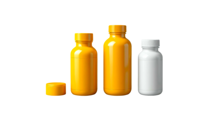 bottles of medicine Set of white medicine plastic bottles for supplements mockup isolated. Blank packaging, vitamin product. Product presentation design template. PNG transparent background. Flat lay.