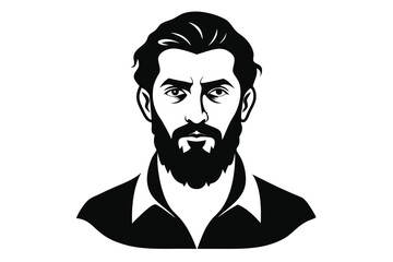 Stern, black and white portrait reveals a handsome, bearded man wearing a shirt