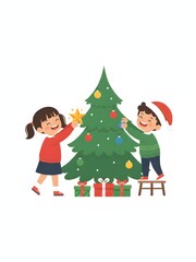 Happy children decorating a Christmas tree putting on the star and ornaments with presents below