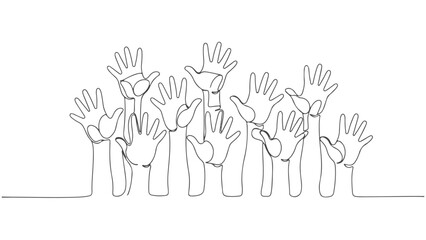 Continuous one line art illustration of many hands raised in a group, symbolizing unity, participation, and a collective call to action