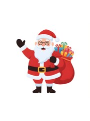 Jolly Santa Claus wearing glasses waving and carrying a large sack filled with colorful gifts