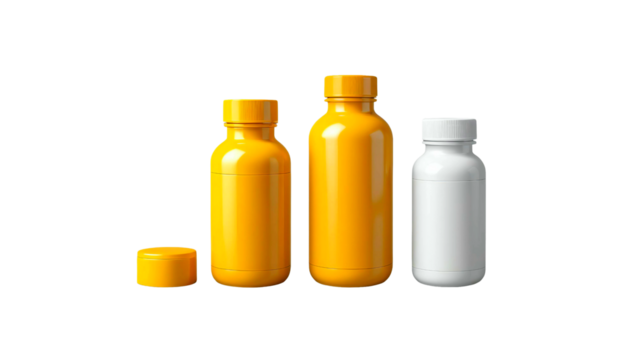 bottles of medicine Set of white medicine plastic bottles for supplements mockup isolated. Blank packaging, vitamin product. Product presentation design template. PNG transparent background. Flat lay.