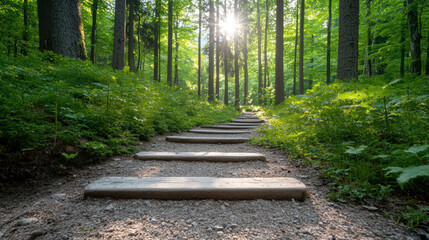Green forest path sunlit forest path woodland trail wooden steps dappled sunlight peaceful