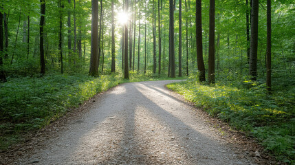 Naklejka premium Green forest path sunlight peaceful morning