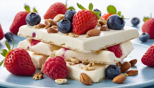white frozen yogurt bark with berries and nuts
