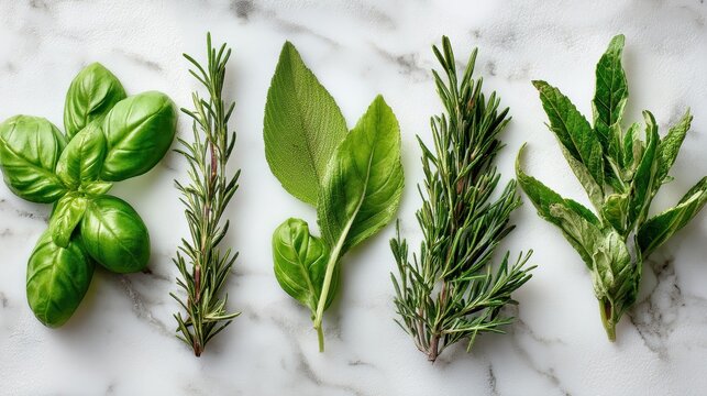 Fresh Green Herbs Arranged on a White Marble Surface with Natural Lighting