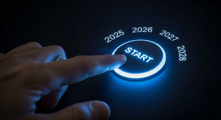 Hopeful finger pressing start button for new year 2026 business targets. concept for successful future beginning