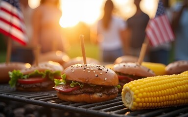 Succulent hamburgers and corn on the cob grilling on a vibrant BBQ with blurred friends and American flags in golden hour sunlight. High quality