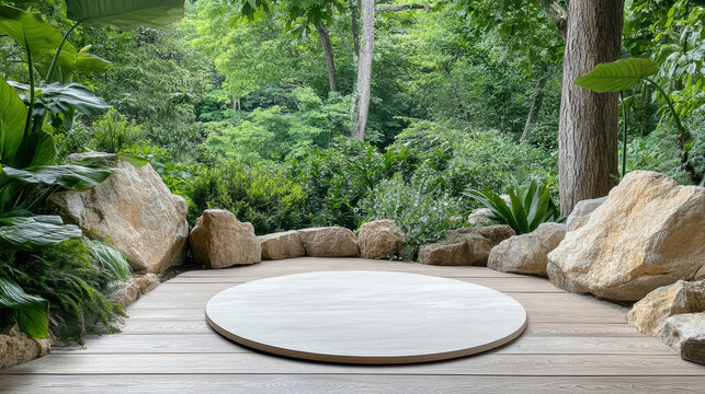 Round wooden platform forest deck surrounded by boulders and lush greenery, tranquil outdoor - Powered by Adobe