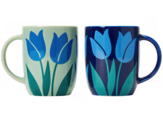 Two ceramic mugs with blue tulip floral patterns in light green and dark blue isolated on a transparent background