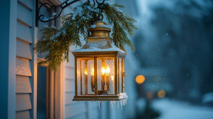 A vintage lantern glows warmly amid snow and greenery, giving a festive vibe Generative AI