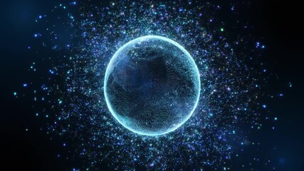 Glowing translucent sphere with luminous particles in circular formation on dark background for abstract energy concept.