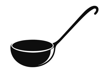 A dark ladle with long handle elegantly curves in the white background space