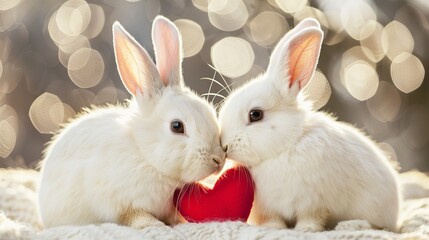 Obraz premium Two cute white rabbits facing each other with a red heart between them, soft pink background, gentle daylight, romantic Valentine animal couple