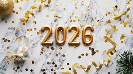 Minimalist flat lay with golden numbers 2026 confetti and ribbon on marble background for New Year theme