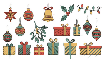 Vintage Holiday Ornament and Gift Set - Hand-Drawn Christmas Decorations and Present Icons Vector Collection