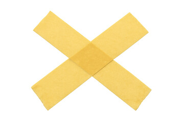 Yellow masking tape strips forming an x shape, cross mark with adhesive construction, transparent background