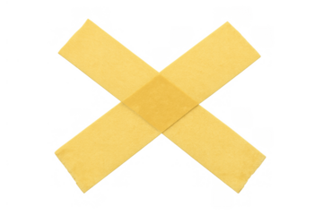 Yellow masking tape strips forming an x shape, cross mark with adhesive construction, transparent background