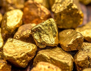 Close-up of shiny, irregular gold nuggets