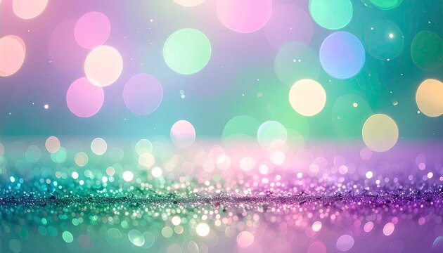 Abstract background with soft pastel bokeh lights and shimmering glitter effect.
