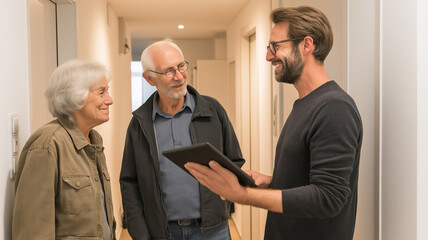A young man shares information with an older couple in a bright hallway, creating a warm atmosphere Generative AI