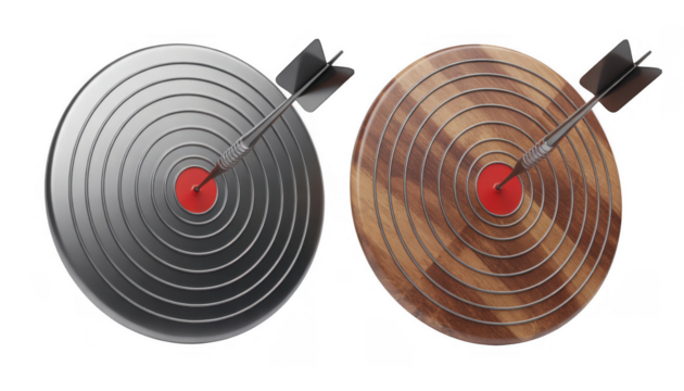 Two dartboards one metal one wood with darts in the bullseye isolated on a transparent background 1 - Powered by Adobe