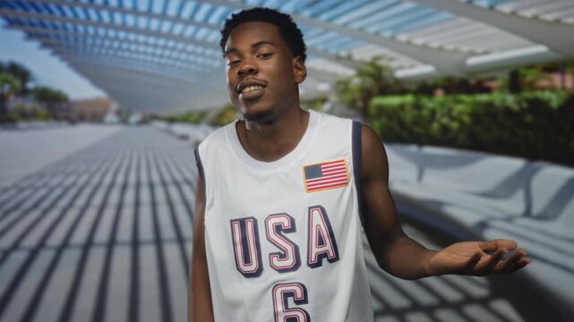 Man in usa basketball jersey and american flag patch extends open palm gesture on sunlit modern building walkway; uncertainty.
