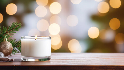 A lit white candle sits on a wooden surface with Christmas ornaments and a blurred, bokeh-lit background.