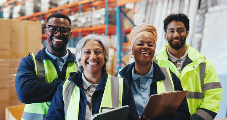 Warehouse, team and portrait of happy people with logistics workers, supply chain or about us. Distribution, smile and group of employees in industry with pride, tablet or clipboard for collaboration