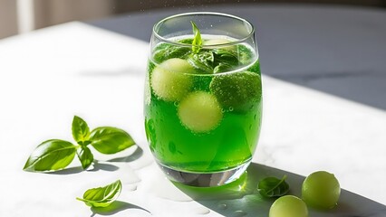 Green Melon Drink with Basil and Melon Balls in a Glass green drink cantaloupe