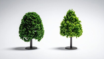 Two identical artificial green trees on black stands against a clean white background.
