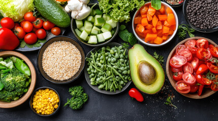 Fresh vegetable salad ingredients avocado tomato cucumber lettuce bell pepper