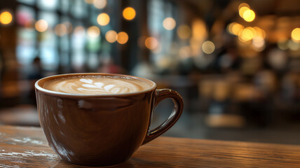 A rich cappuccino in a brown mug, set in a cozy, warmly lit coffee shop Generative AI
