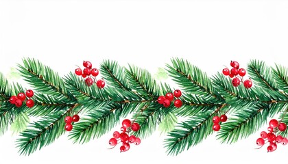 Watercolor Christmas garland with pine branches and red berries border illustration.
